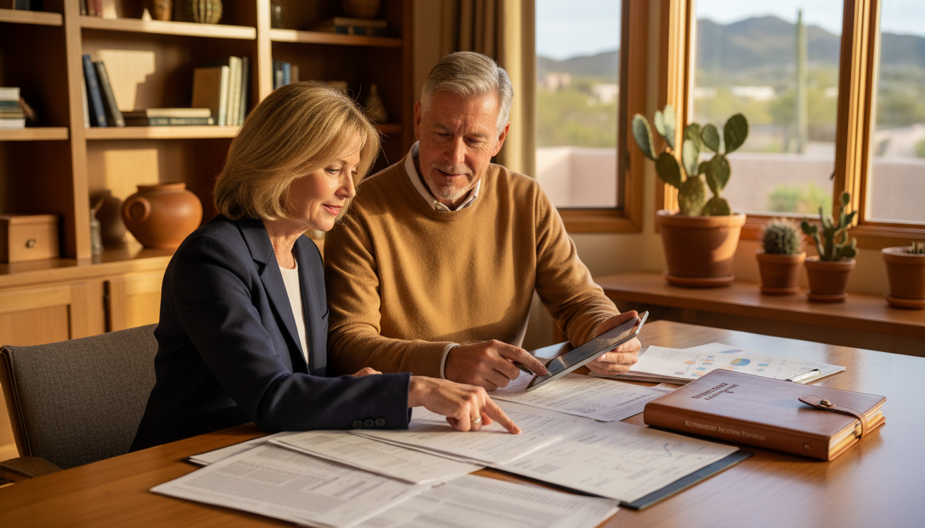 Tucson retirees reviewing a Roth conversion plan with retirement account statements