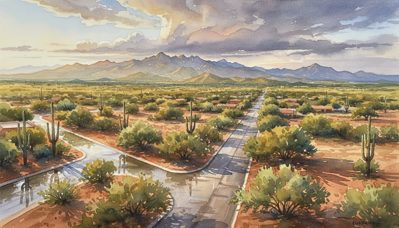 Aerial view of a Tucson neighborhood after a monsoon storm