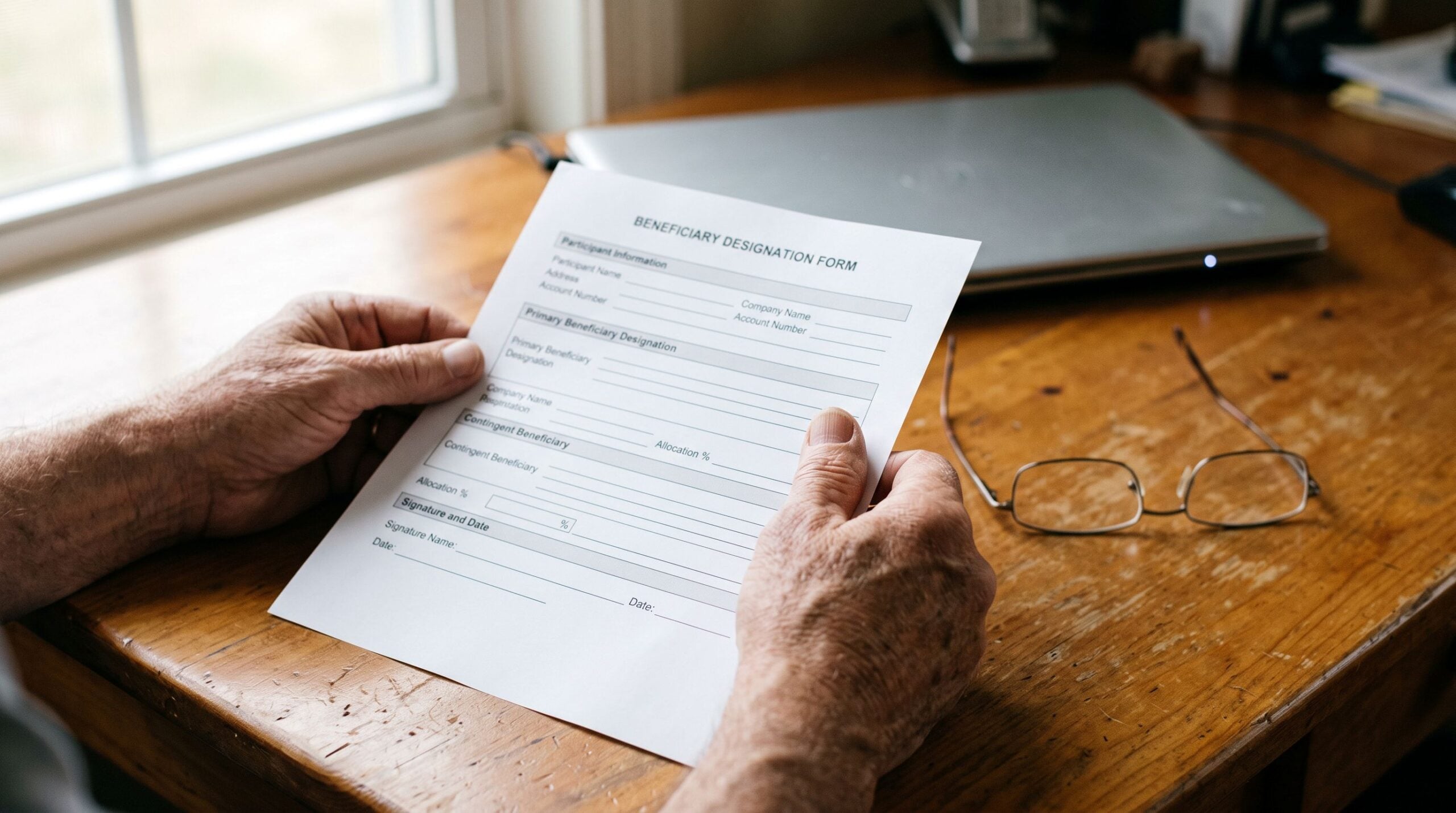 Hands reviewing a beneficiary designation form, the document that overrides both a will and a trust.