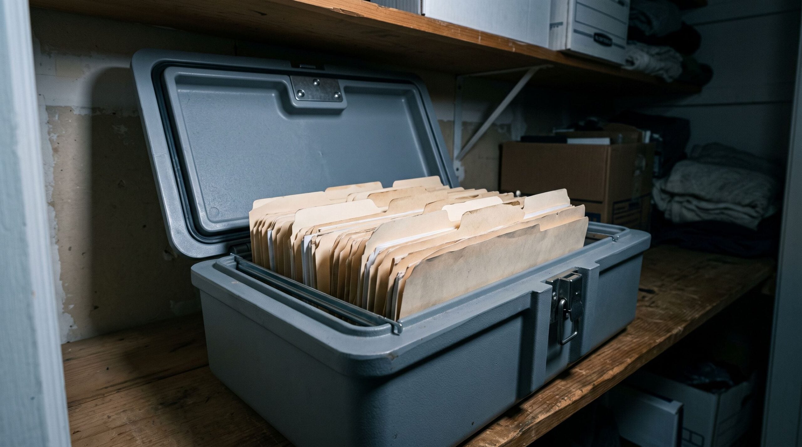 A fireproof document box open on a closet shelf with manila folders inside, where Tucson families store the beneficiary forms that decide who inherits an IRA.