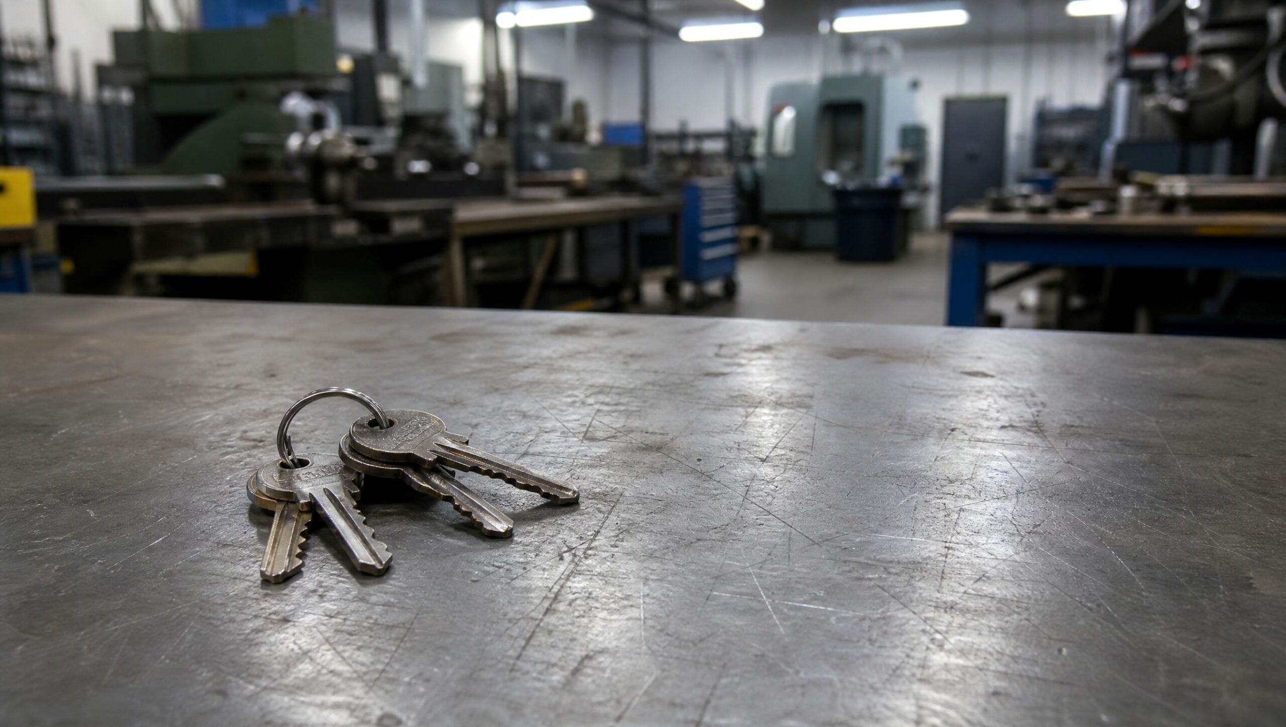 A set of keys resting on a workbench in a machine shop, the moment ownership of a Tucson business changes hands.