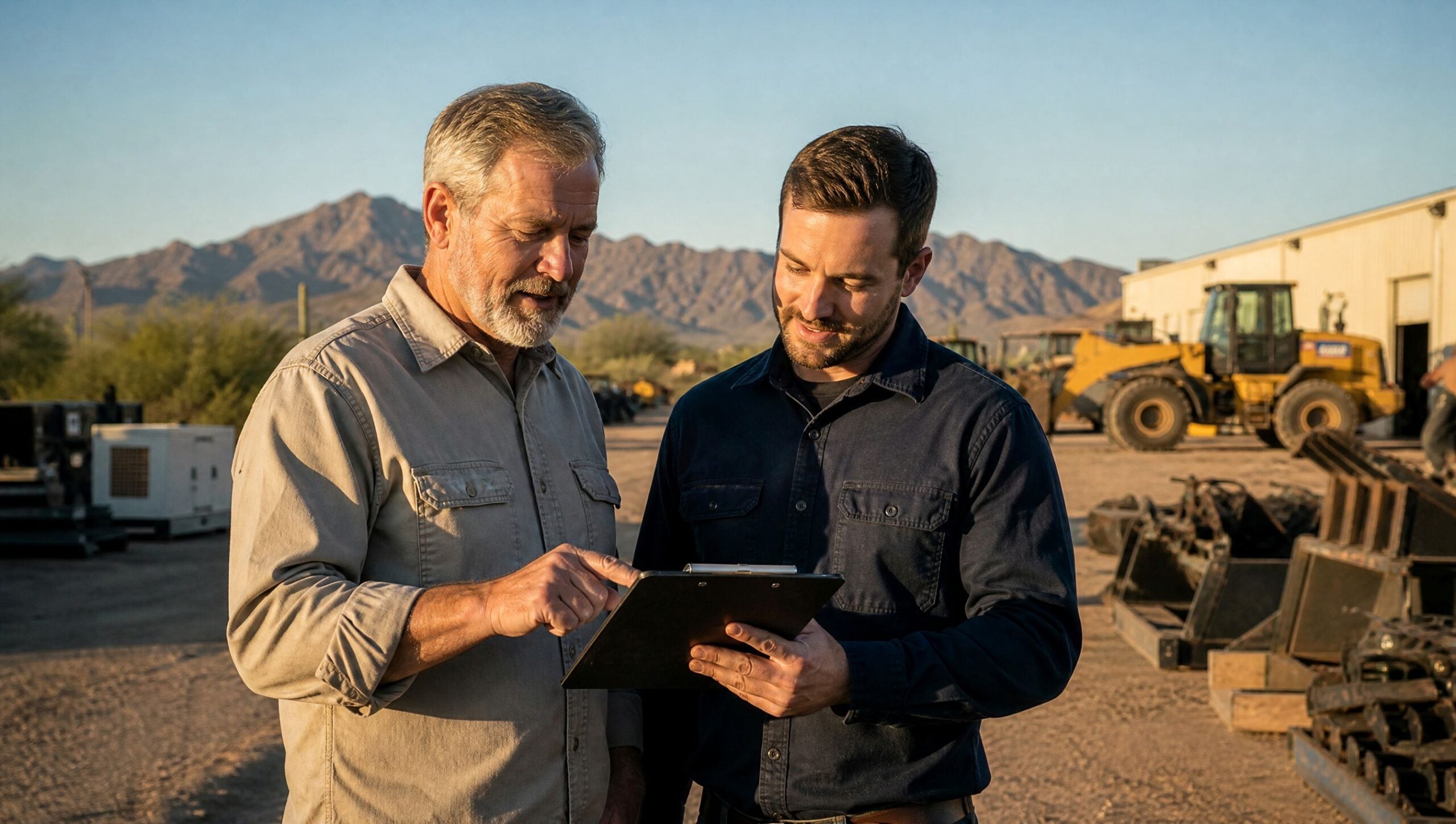 A Tucson business owner and his key operations manager reviewing work together in an equipment yard.