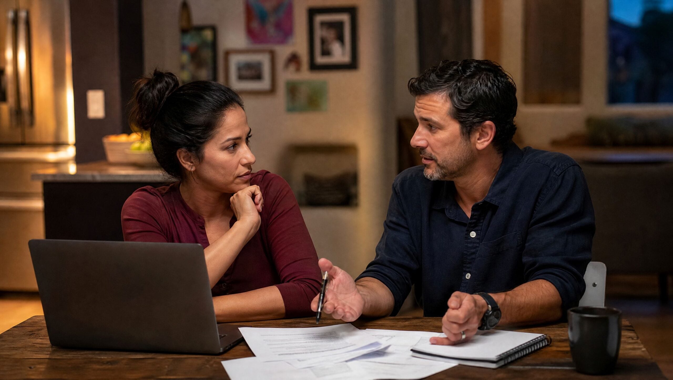 Two Tucson parents reviewing their estate planning documents together at their kitchen table.