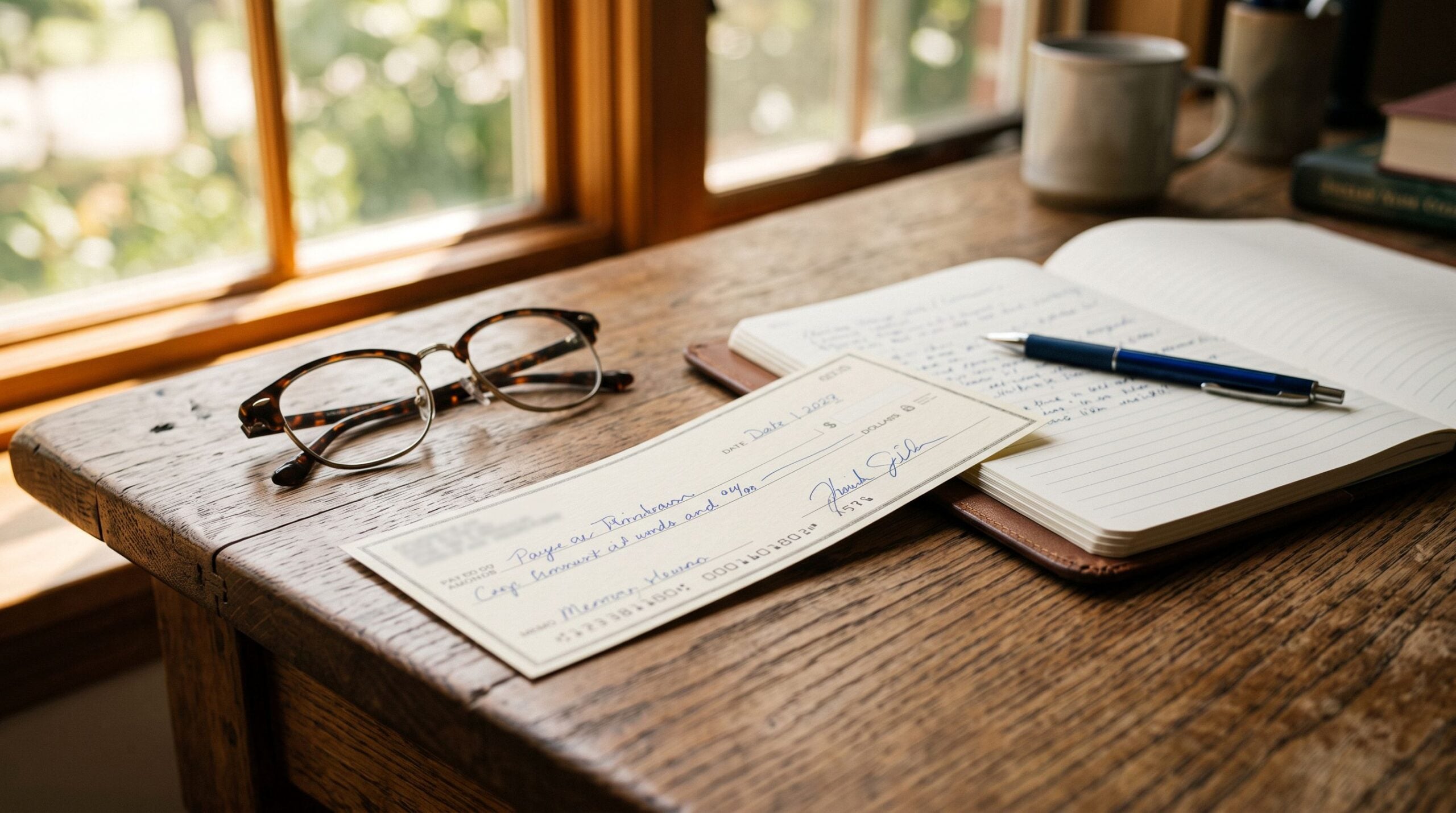 A donation check waiting on a desk