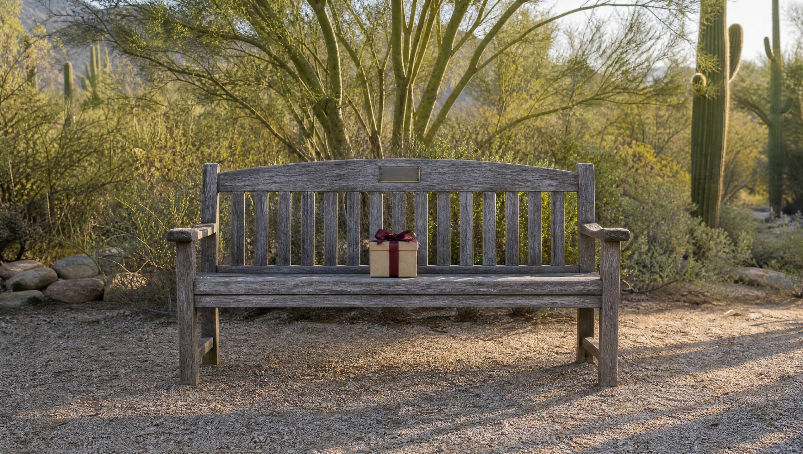 A dedication bench on a desert path outside Tucson