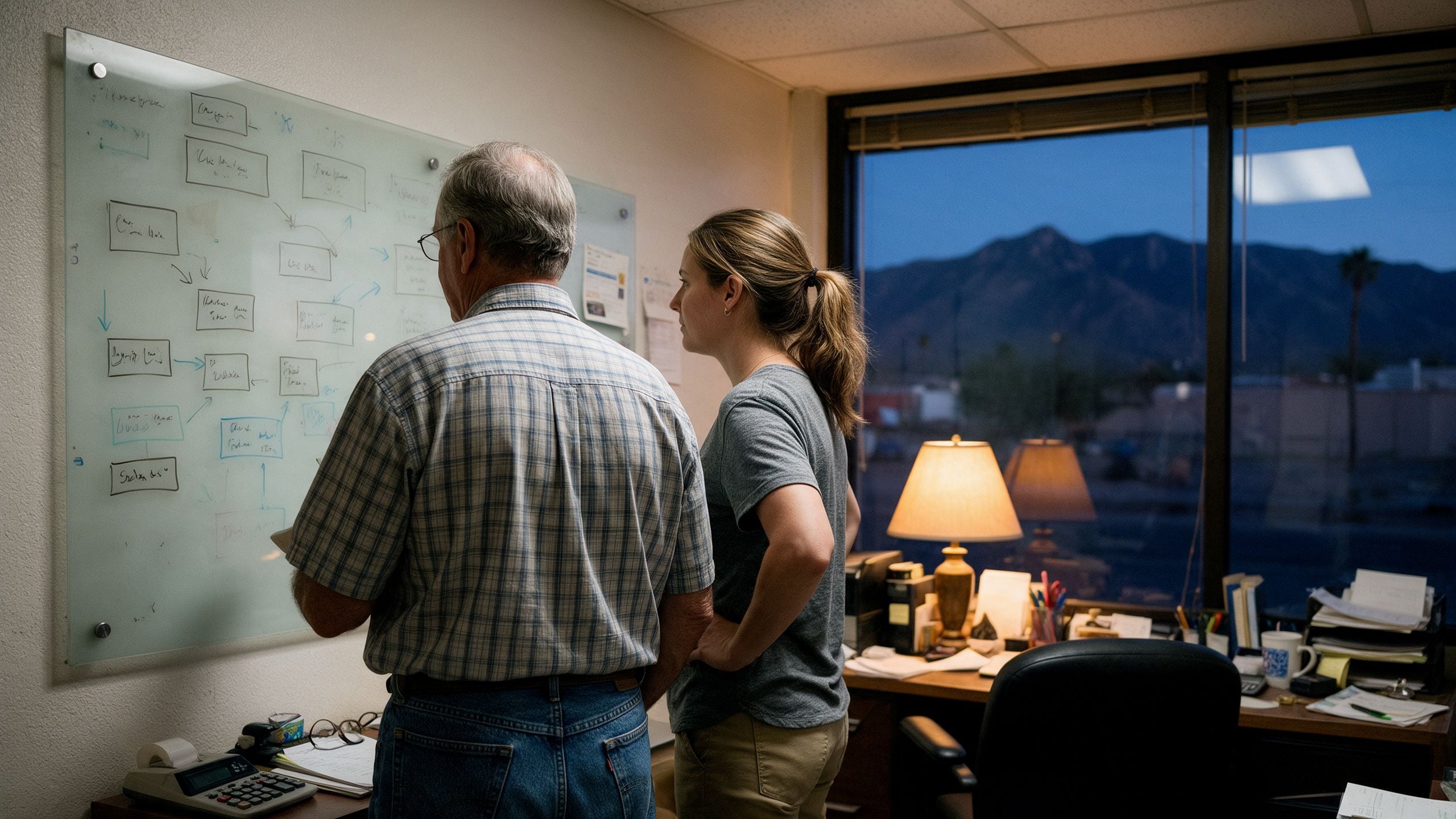 Business owner and manager at a whiteboard in a Tucson office at dusk, seen from behind.