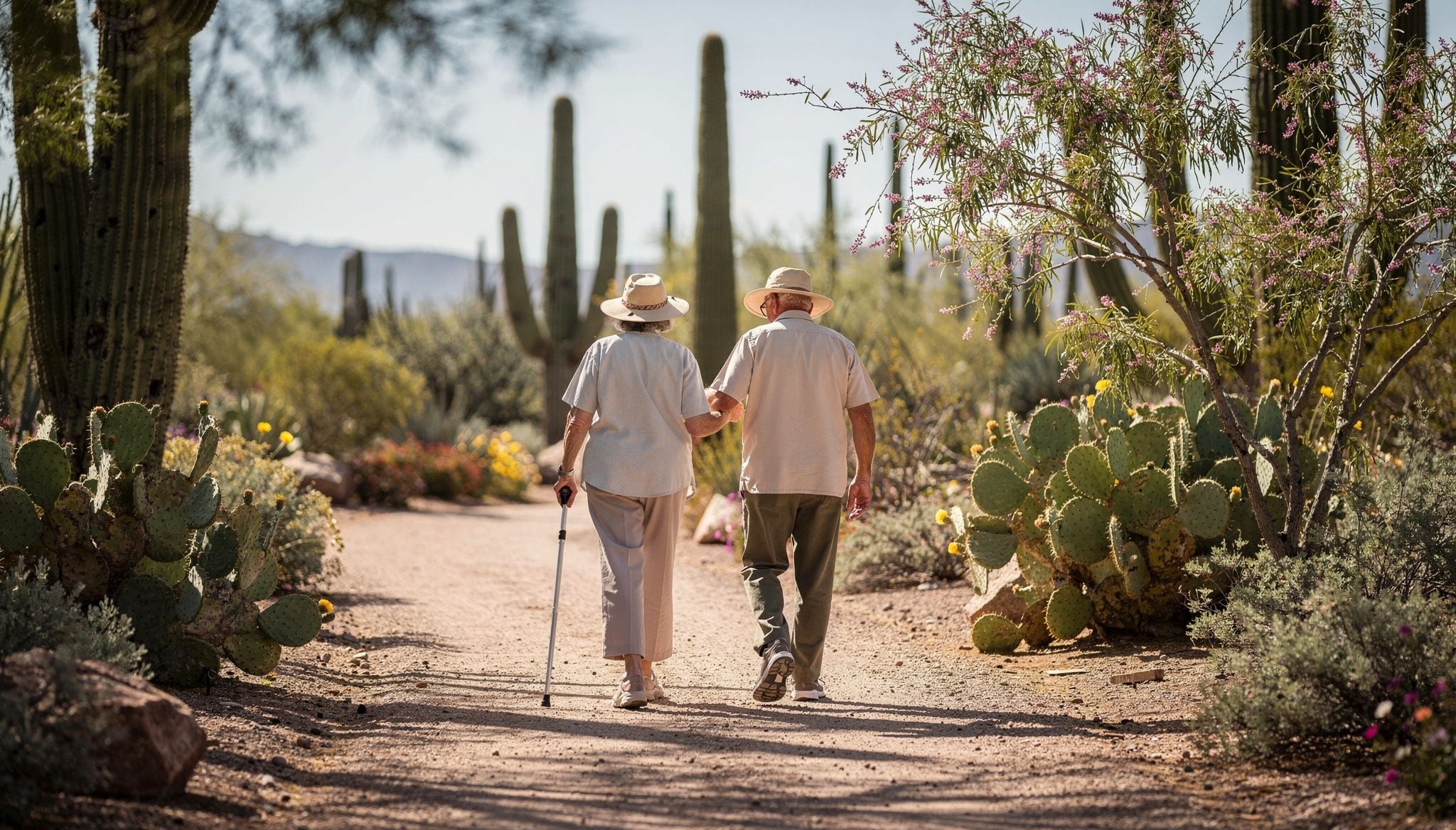 Retired couple walking a desert garden path in Tucson, Arizona, seen in profile through foreground foliage.