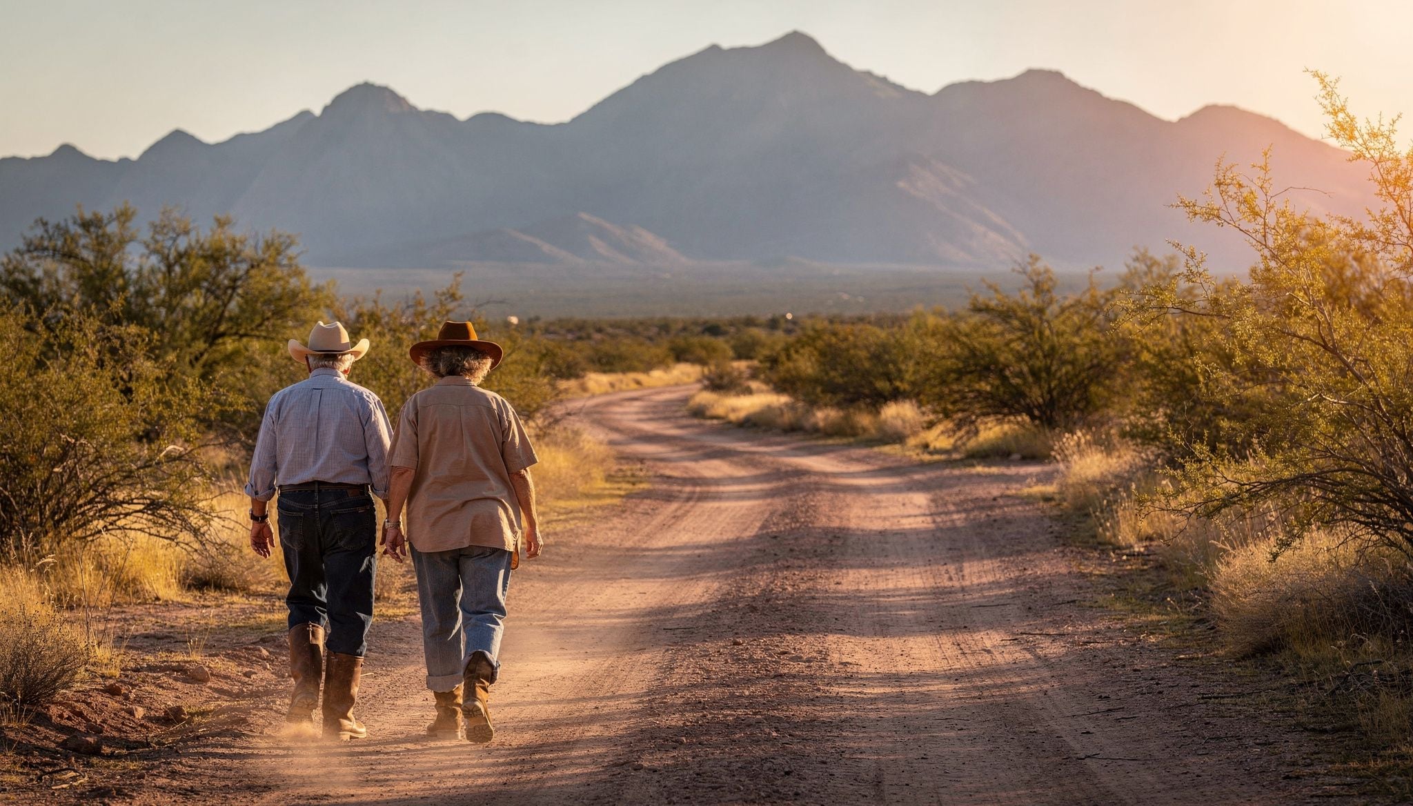 Older couple walking a dirt ranch road outside Tucson, Arizona in late afternoon light.