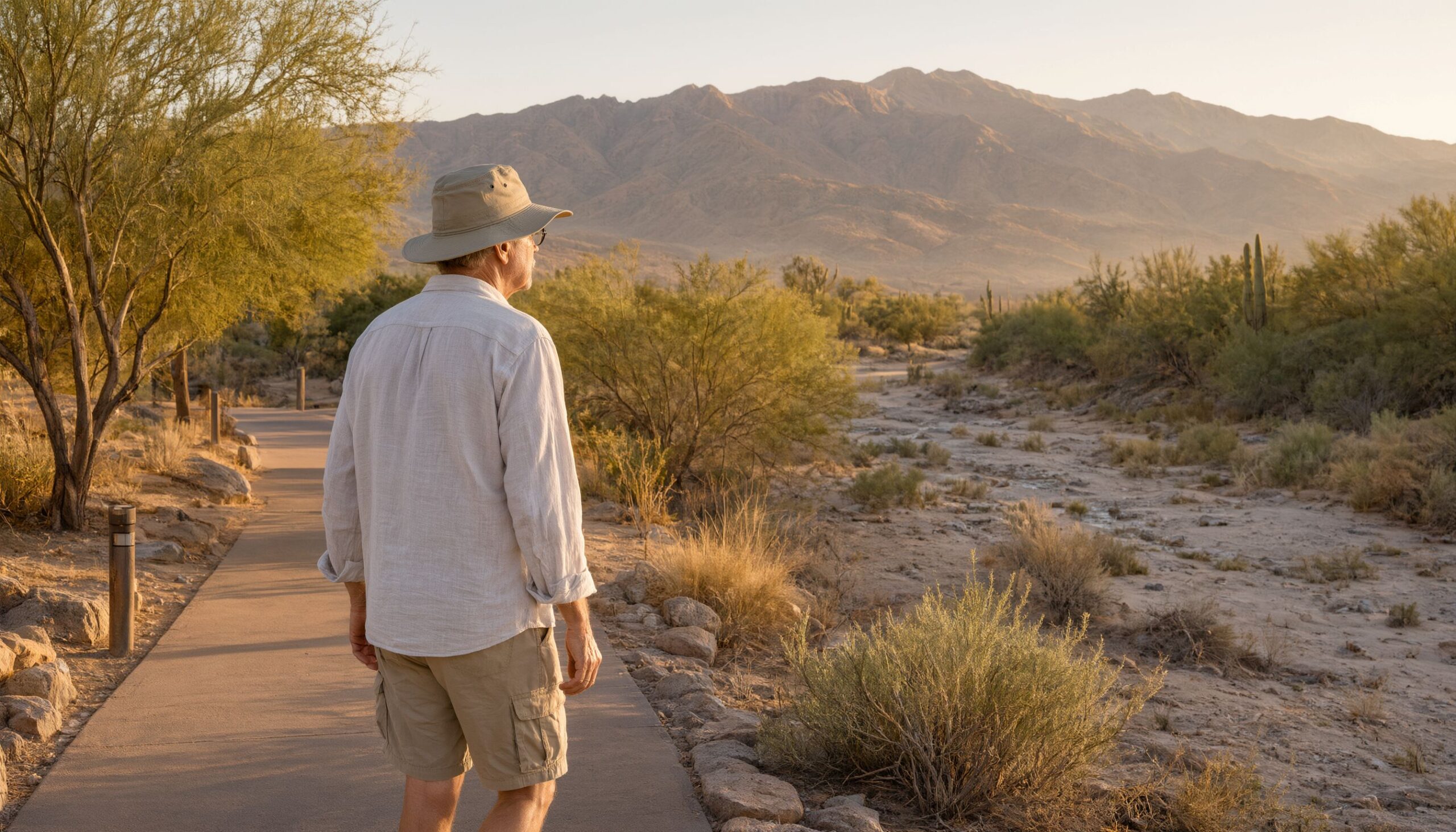 Retiree walking a riverside path in Tucson, Arizona at sunrise with the Santa Catalina Mountains ahead.