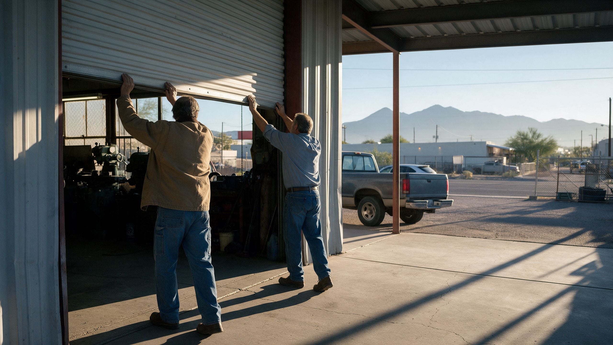 Two co-owners opening the roll-up door of their family-owned shop in Tucson, Arizona at sunrise.