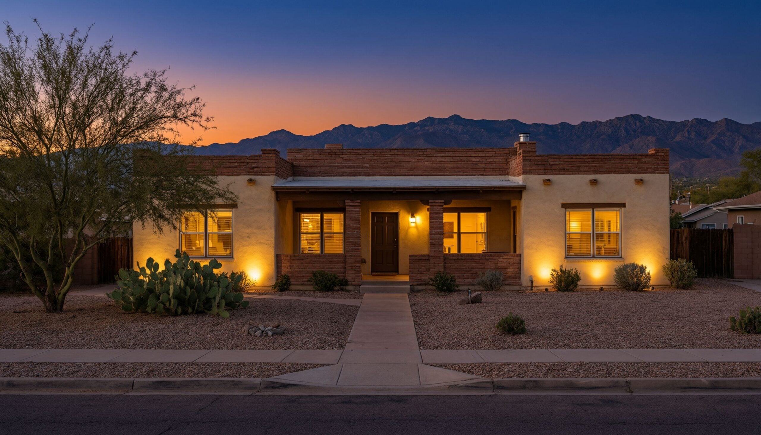 Territorial-style home in a Tucson, Arizona neighborhood at blue hour with warm interior lighting.