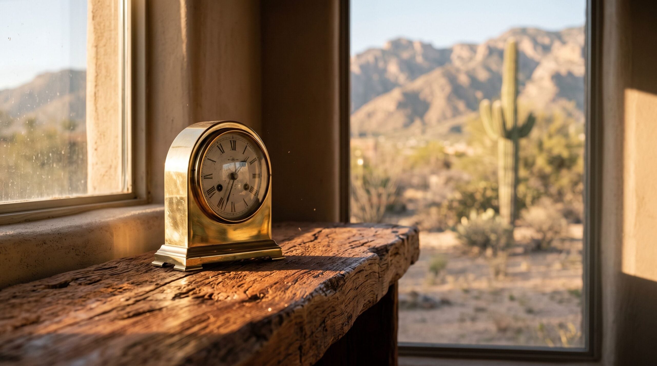 A brass mantel clock on a mesquite shelf in a sunlit Tucson living room with the Santa Catalina Mountains outside the window.