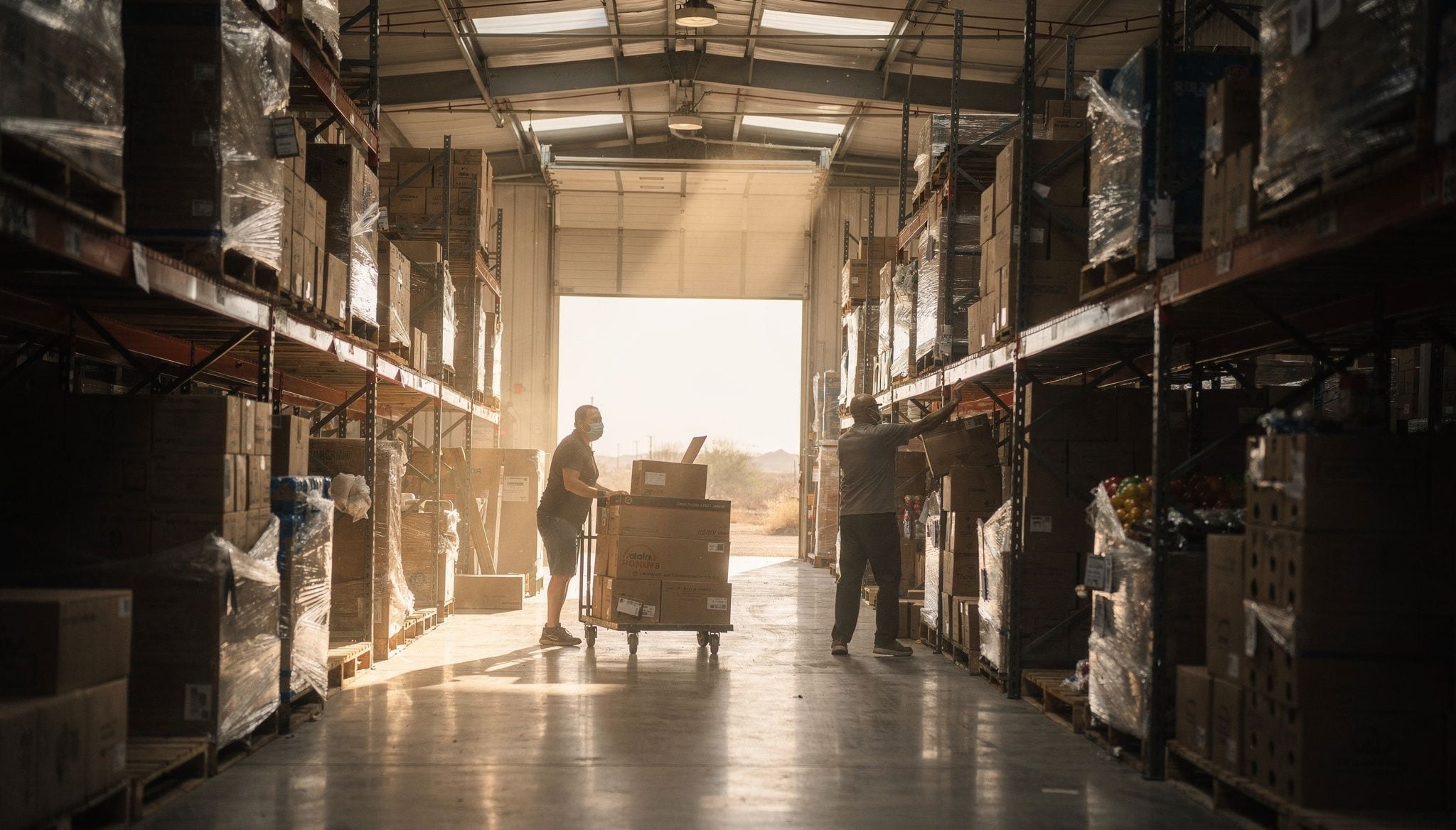 Volunteers working an aisle of stacked pallets inside a Tucson, Arizona food bank warehouse.