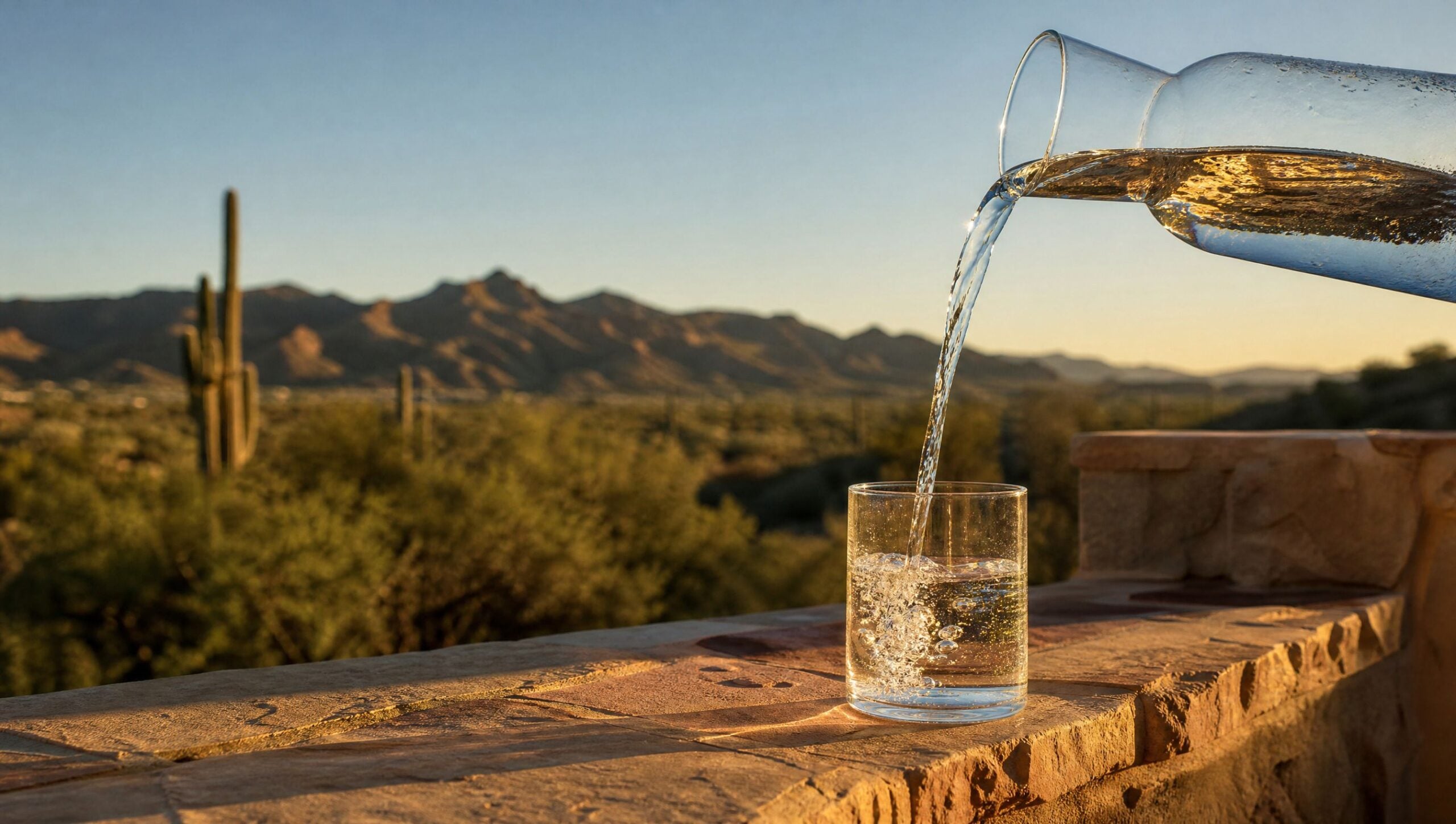 A glass carafe pouring water into a single glass on a sandstone patio ledge with the Tucson foothills at golden hour.